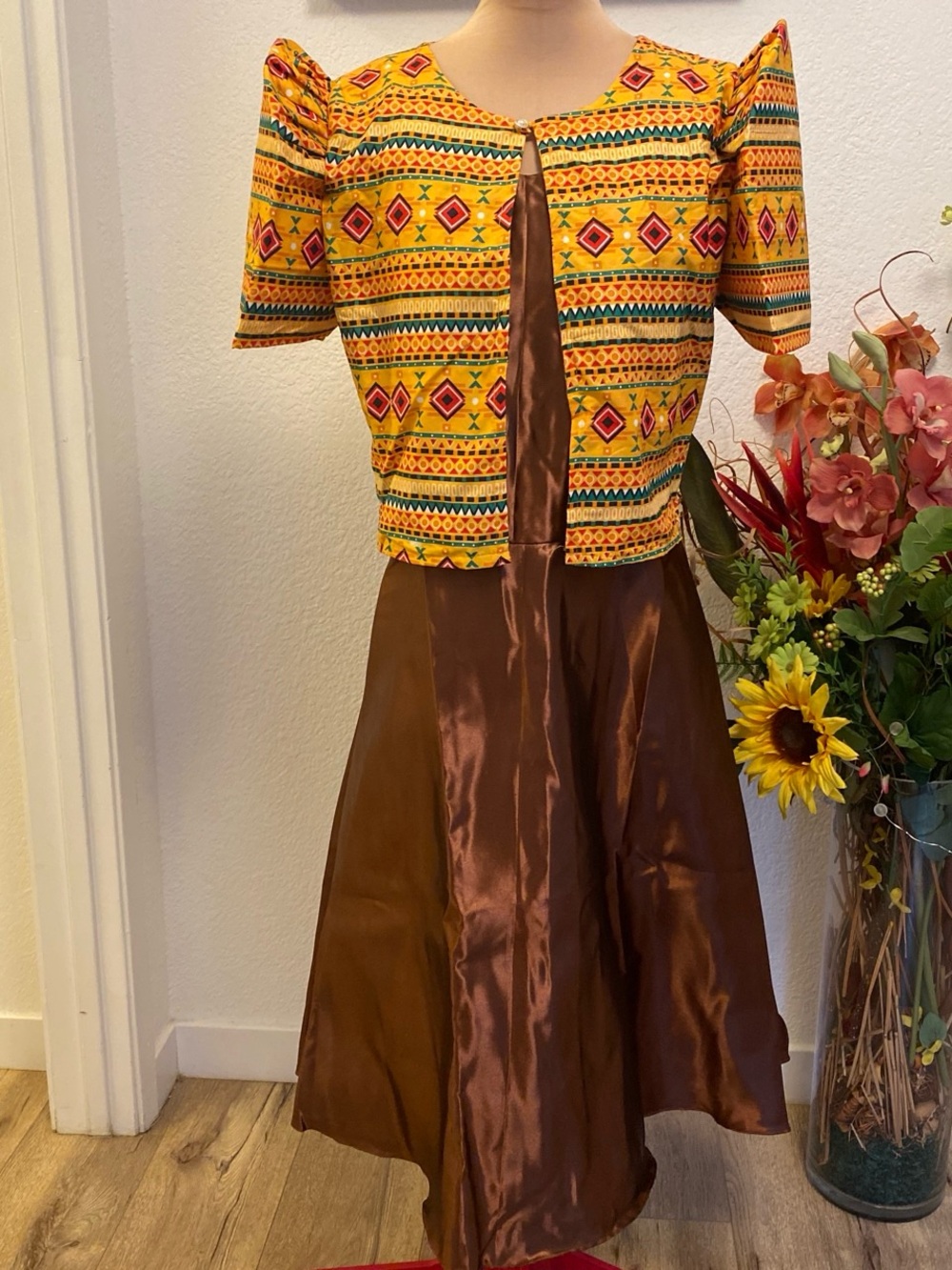 Filipiniana Yellow Patterned Crop bolero and Brown Satin Dress Set